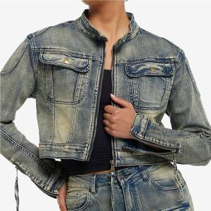 American Bazi Distressed Vintage Wash Girls Crop Denim Jacket